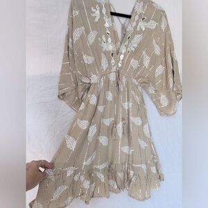 Beige and White Leaf Print Dress